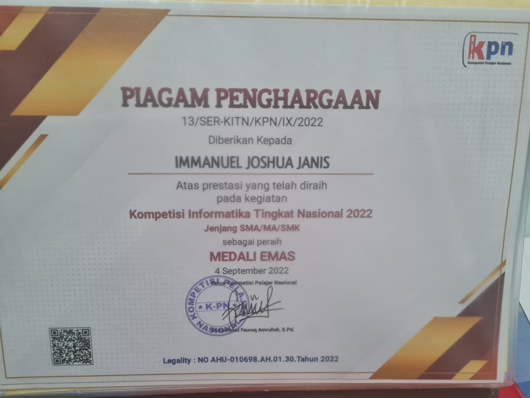 Gold Medal – National Informatics Competition